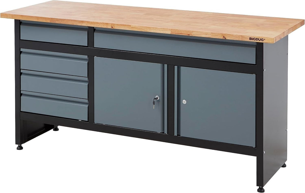 1709mm Garage Workbench 5 Drawers + Double Cupboard 300kg Solid Wood Top