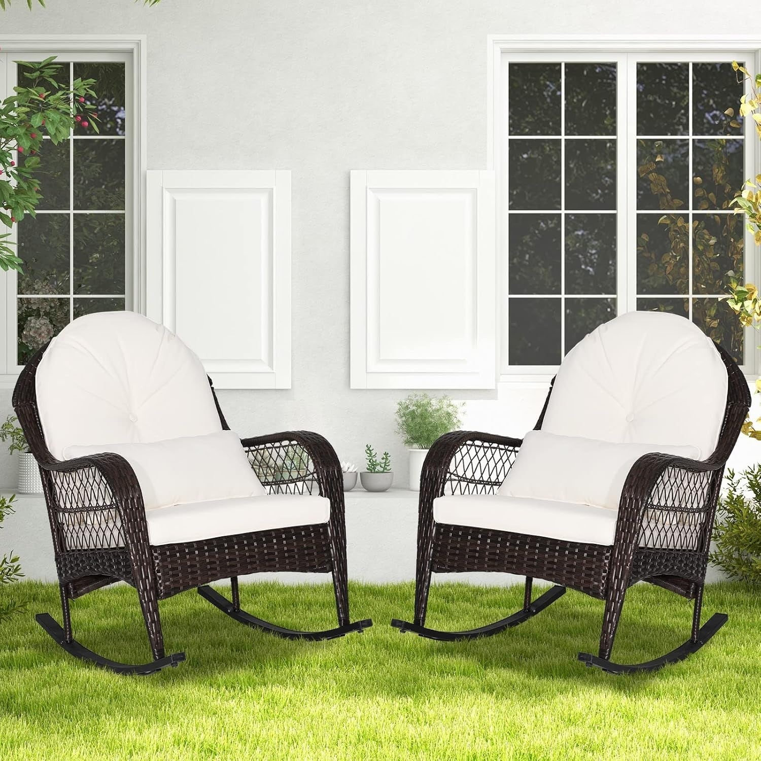 Outdoor Rattan Rocking Chair Patio Lounge Seat Cushioned Garden Deck