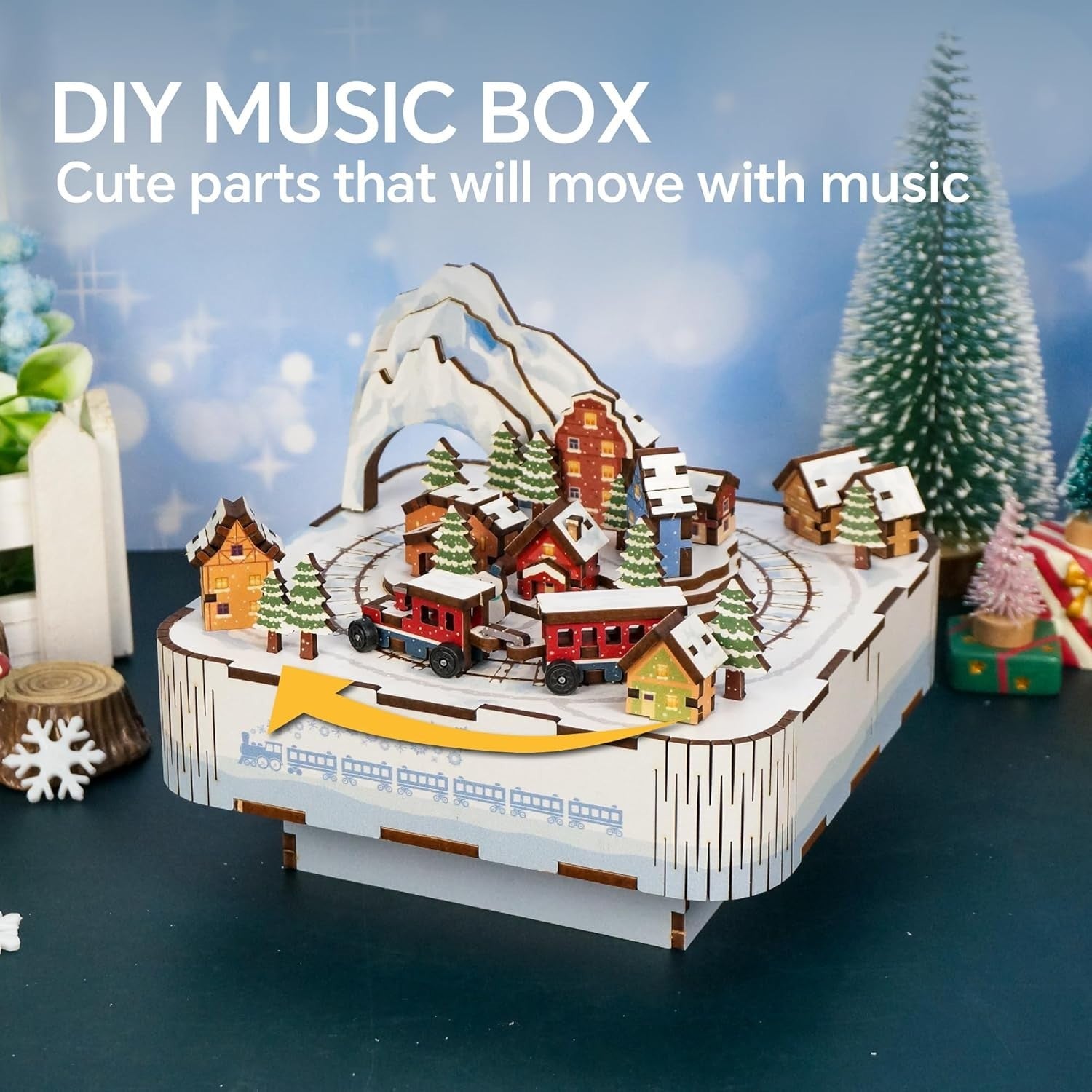 3D Wooden Snow Train Puzzle Music Box DIY Kit Gift Rotating Light-Up Decor