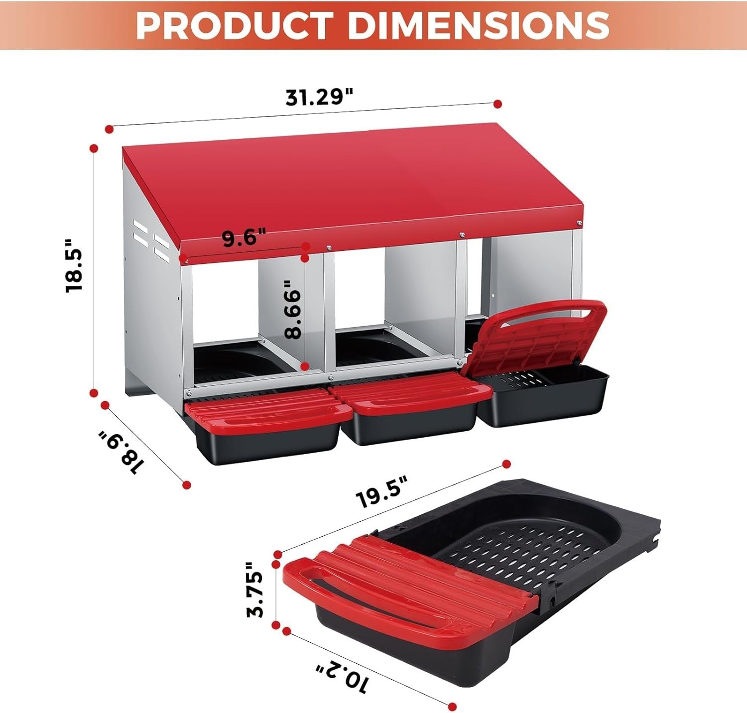 3 Chamber Galvanised Steel Chicken Nest Box Pull Out Tray Red