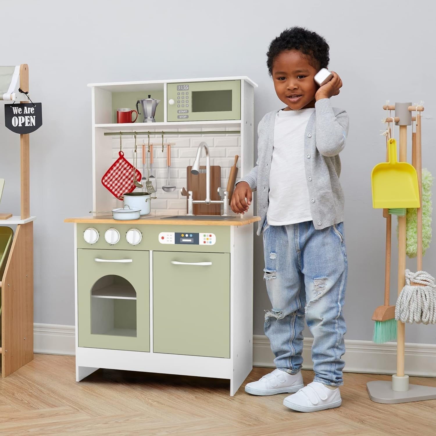 Wooden Kids Play Kitchen Farmhouse Toy Set Accessories Light Green