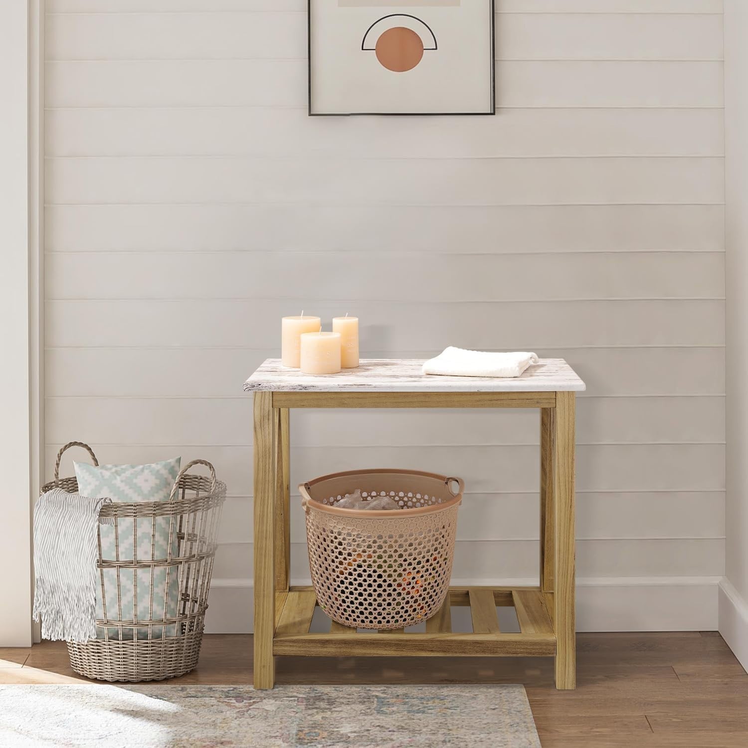 Farmhouse Narrow Table for Small Spaces End Side Table with Storage Shelf Rectan