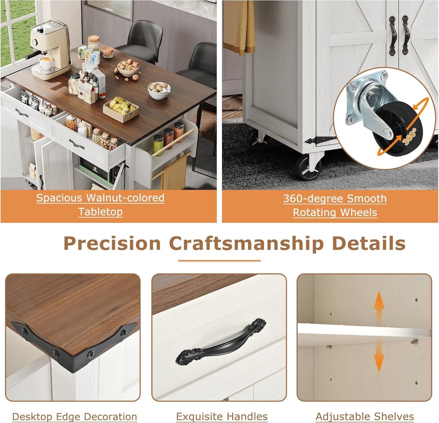 Rolling Kitchen Island Trolley with Drawers, Cabinet & Drop Leaf 140x45x90cm