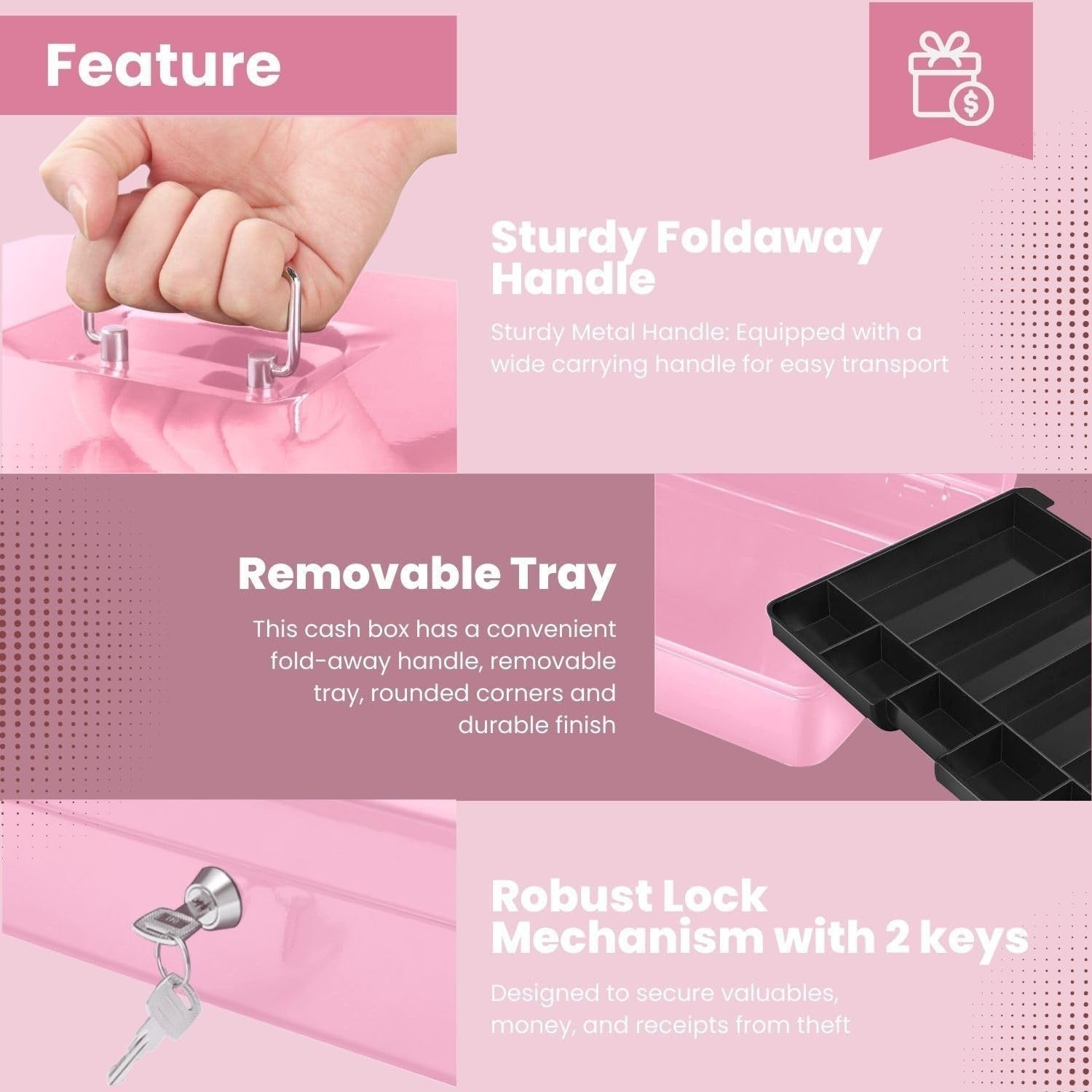 Pink Cash Box with Lock 9 Compartment Money Tray Portable Storage