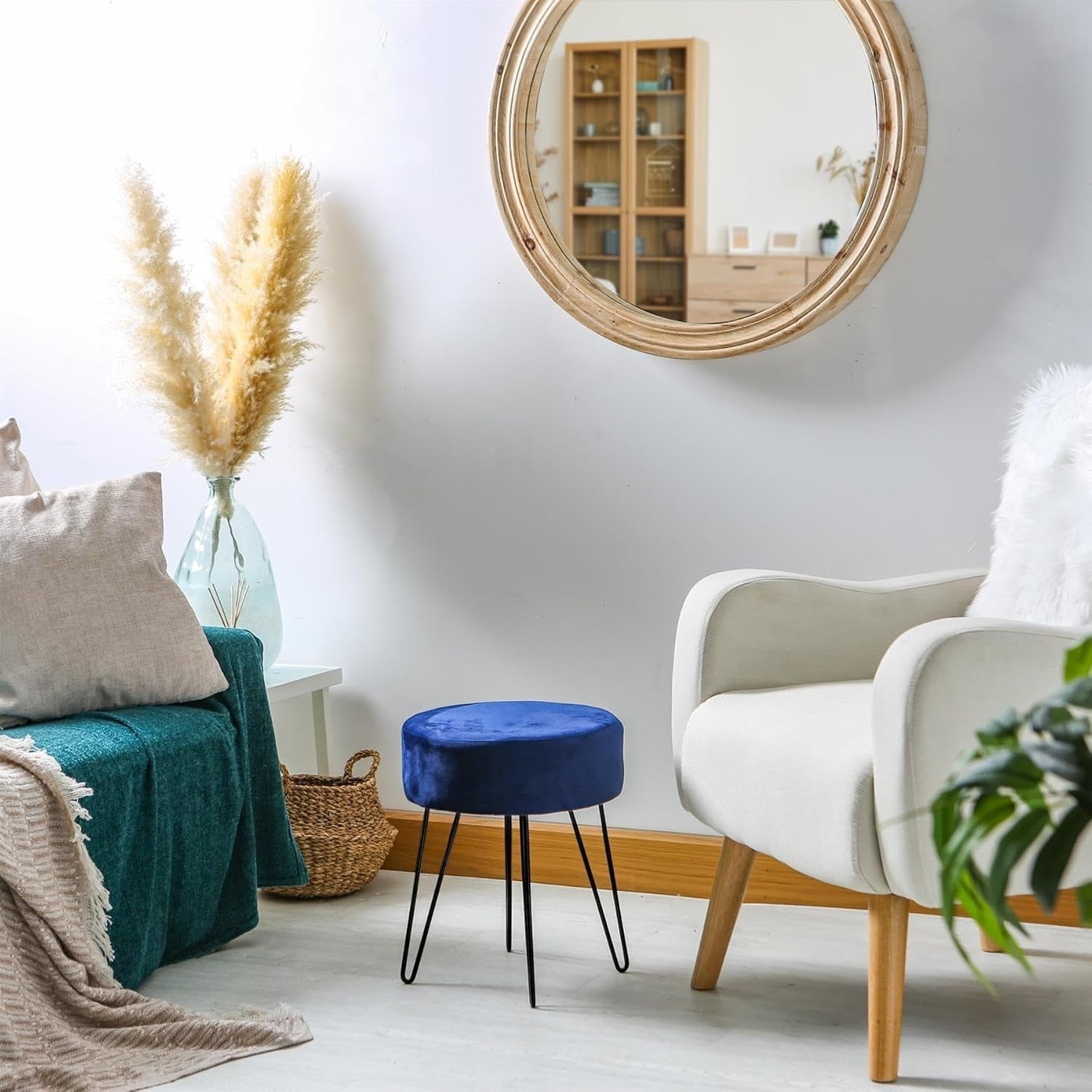 Set of 2 Blue Velvet Footstools Hairpin Legs Modern Round Pouffe Seats