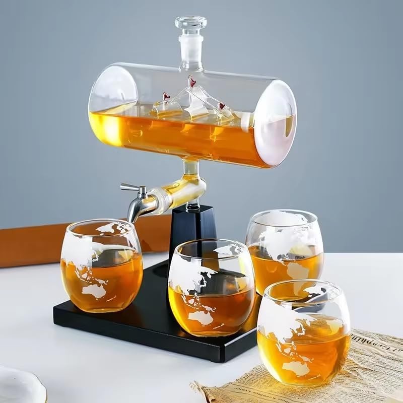 Whiskey Decanter Set 1000ml Crystal Decanter 4 Glasses Wooden Base Gift