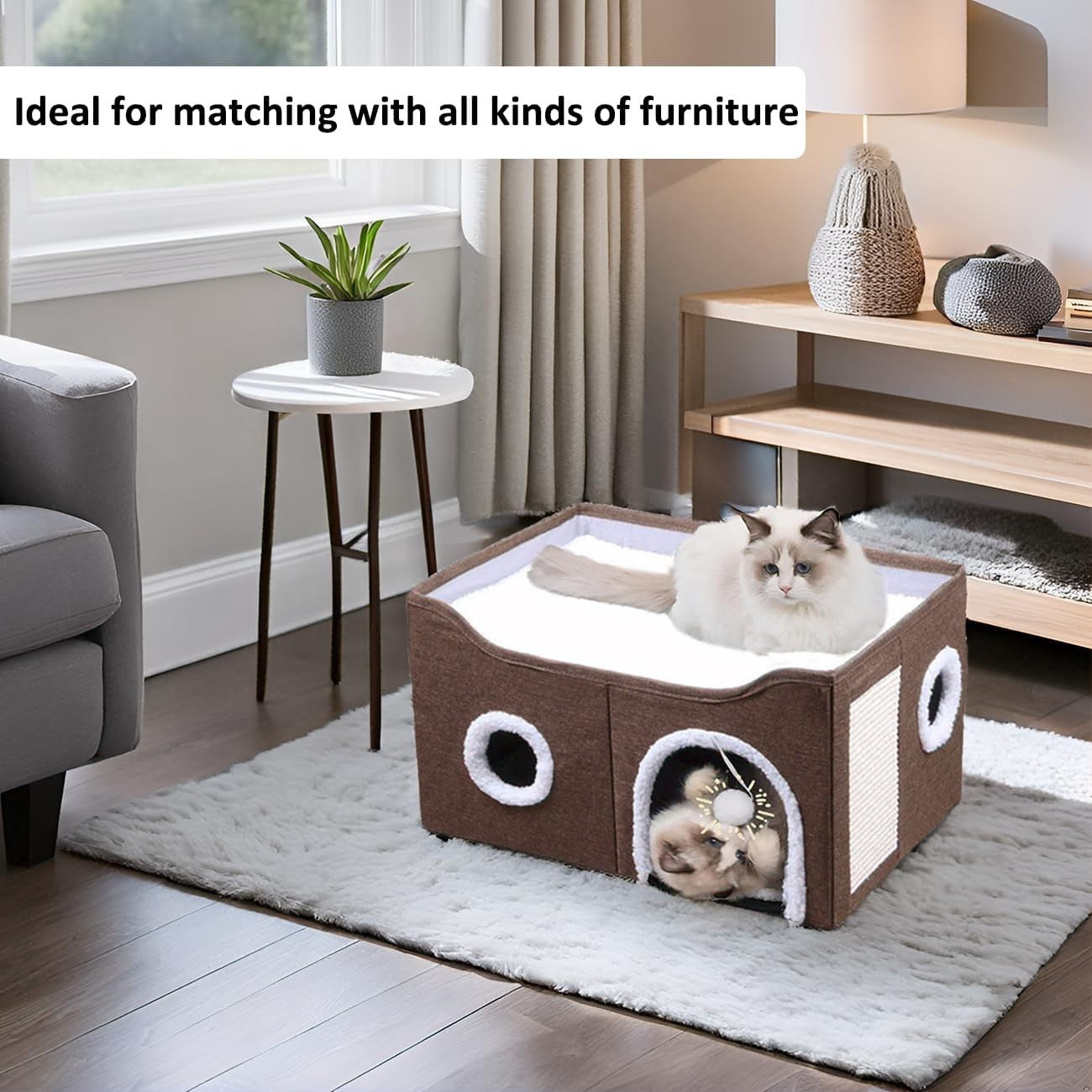 Foldable Cat House Cave Bed 2 Tier Cat Condo w Scratching Board