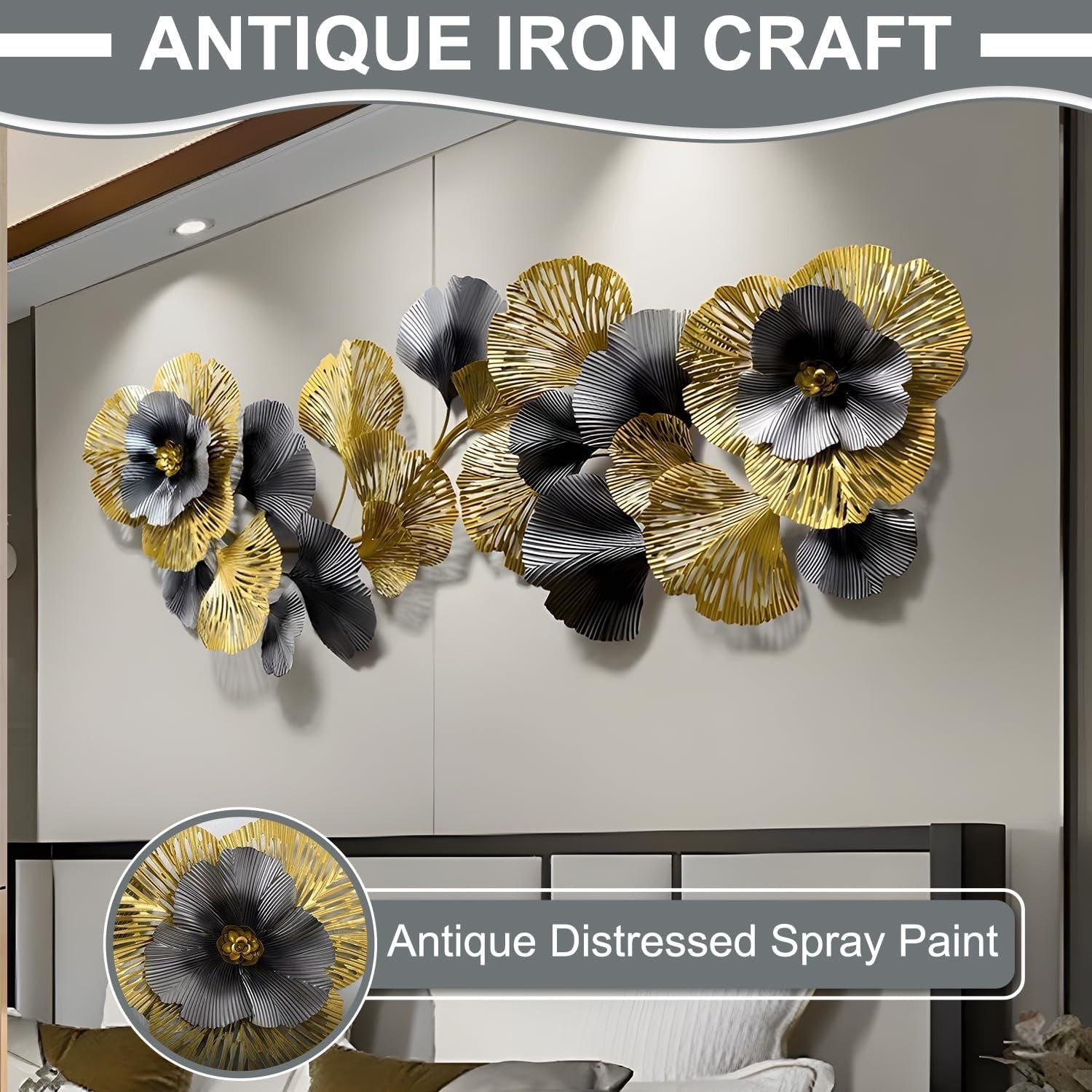 Extra Large Metal Flower Wall Art 145x55cm Black Gold Decor