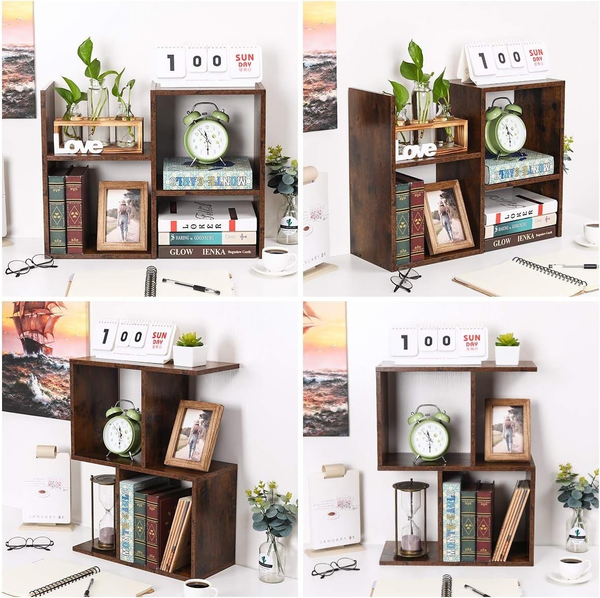 Adjustable Brown Desktop Bookshelf 3-Tier Desk Organizer Storage Shelf