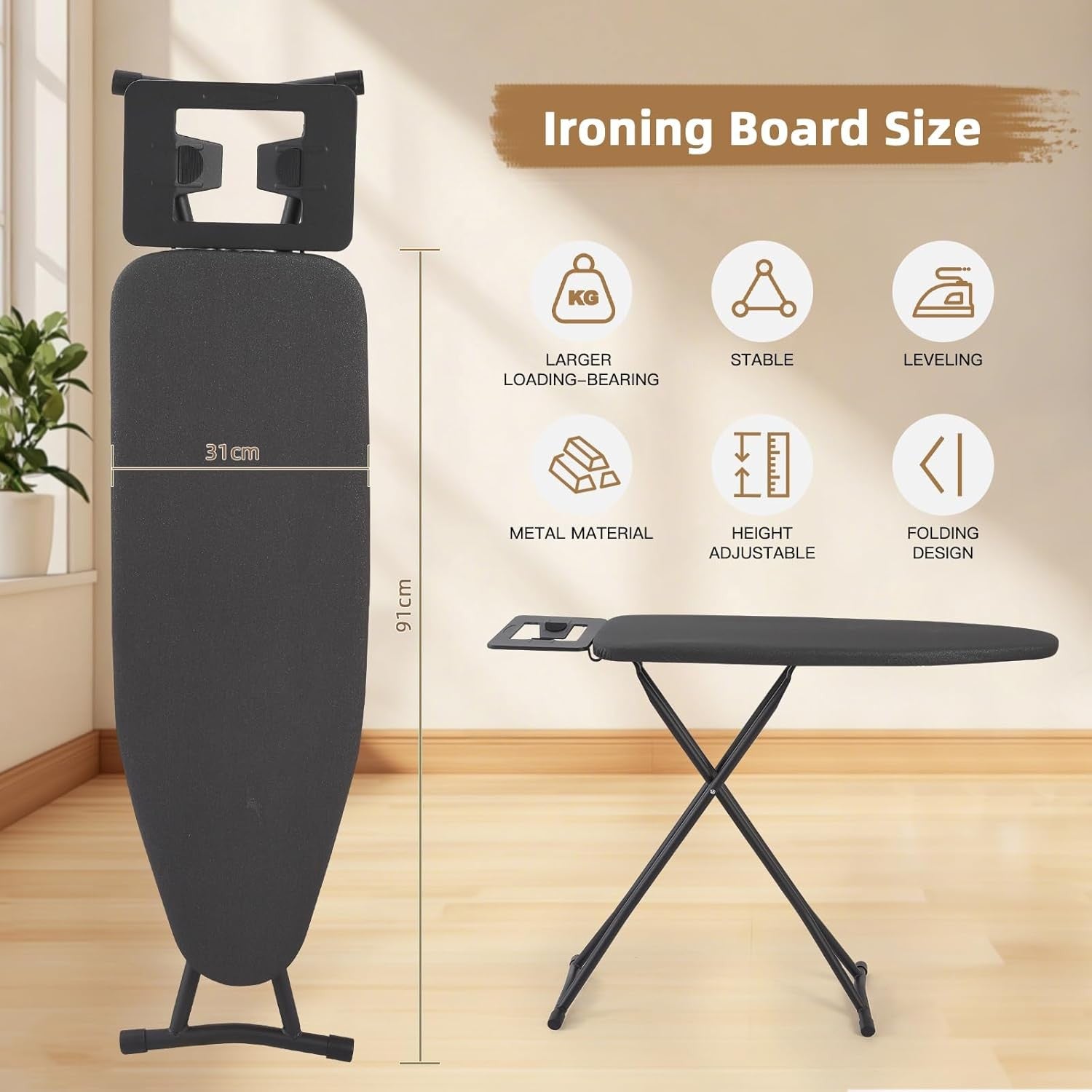 Adjustable Height Ironing Board with Iron Rest Non Slip Legs Compact