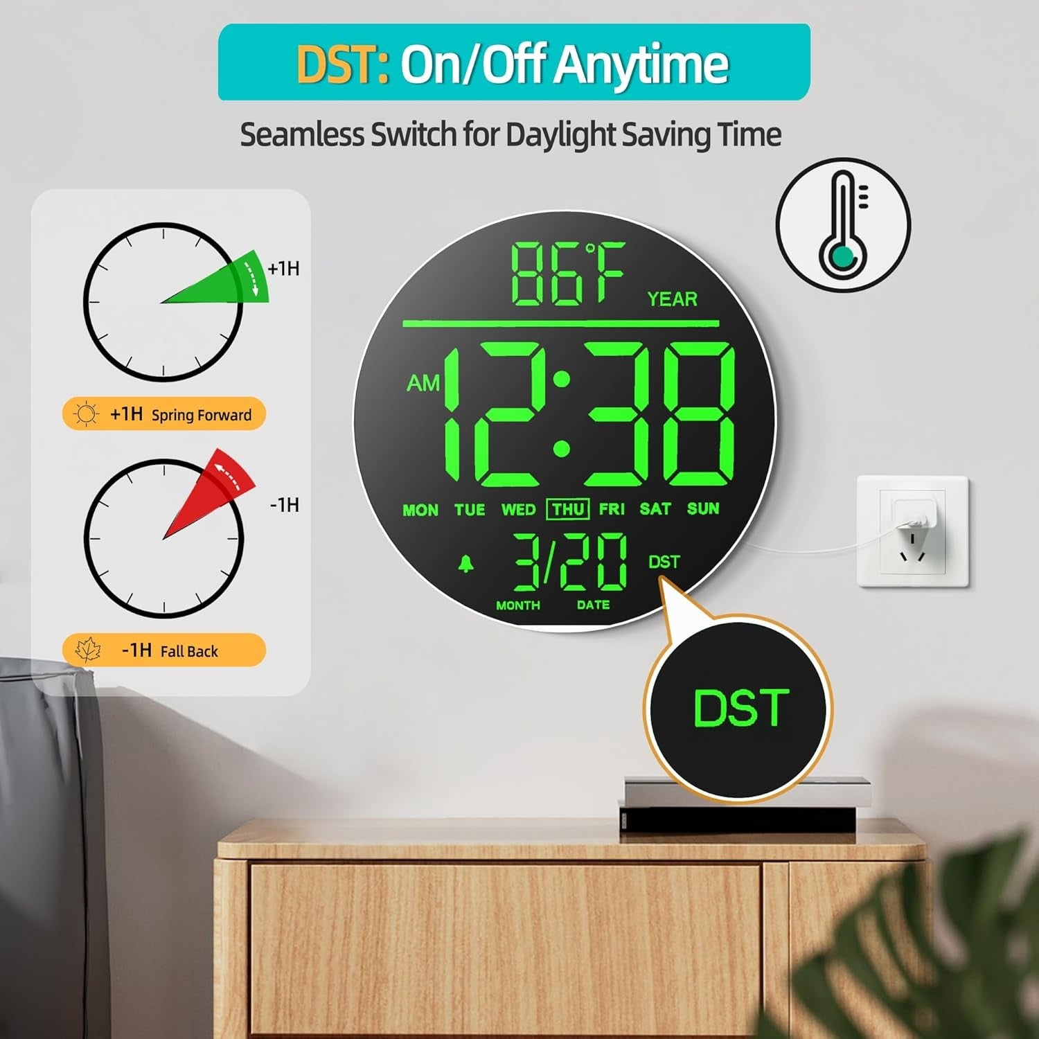 White Green 10in Large Digital Wall Clock RGB LED Remote Auto Bright