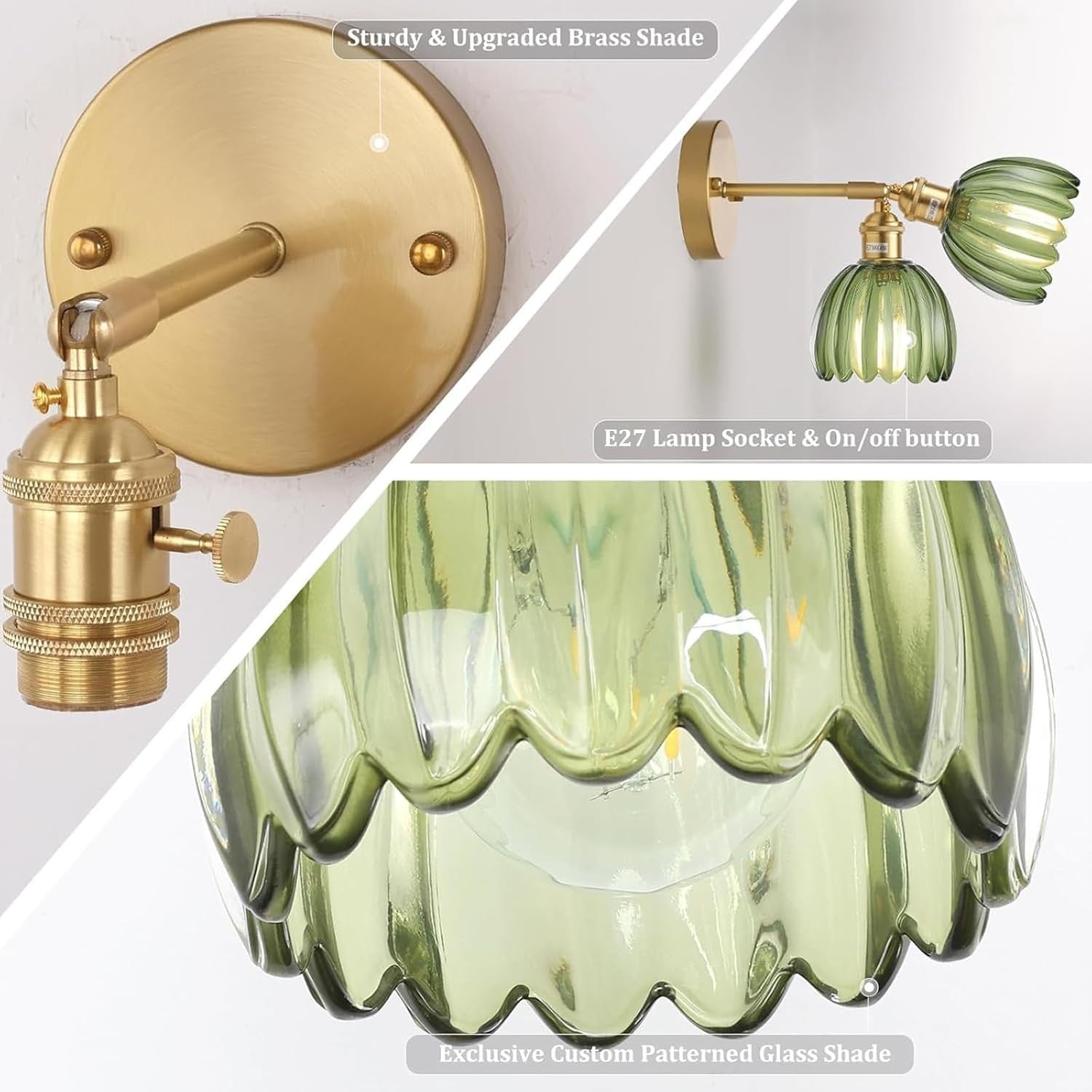 Vintage Wall Sconces Set of 2 Tulip Green Adjustable Brass Wall Lamps