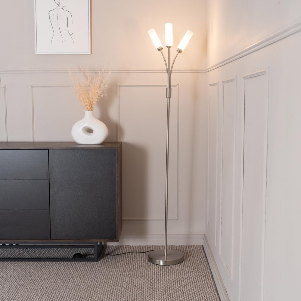 3 Arm Curved Floor Lamp Brushed Chrome Modern Standing Light with Bulbs
