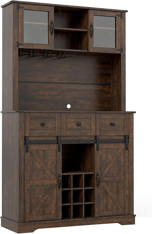 184cm Tall Kitchen Cupboard Brown | 4-Door Wine Rack Sideboard