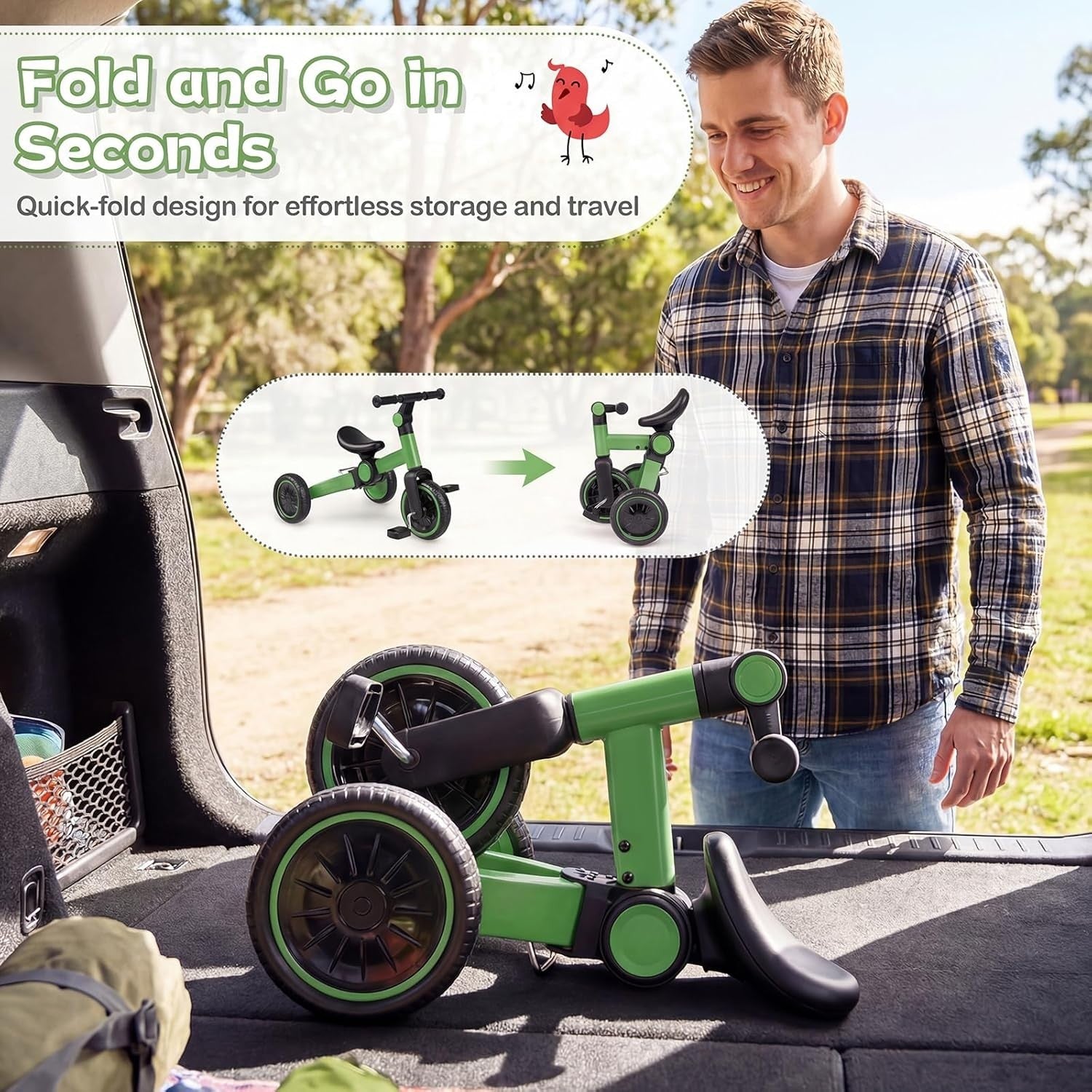 4 in 1 Kids Tricycle Balance Bike Foldable Adjustable Handle Green