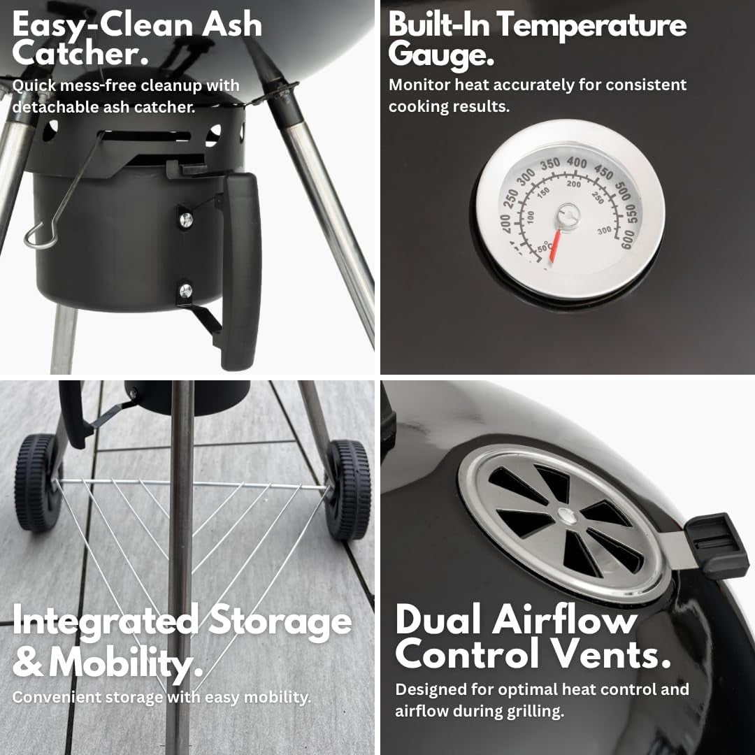 Portable Charcoal BBQ Grill with Temperature Gauge, Airflow Vents & Wheels