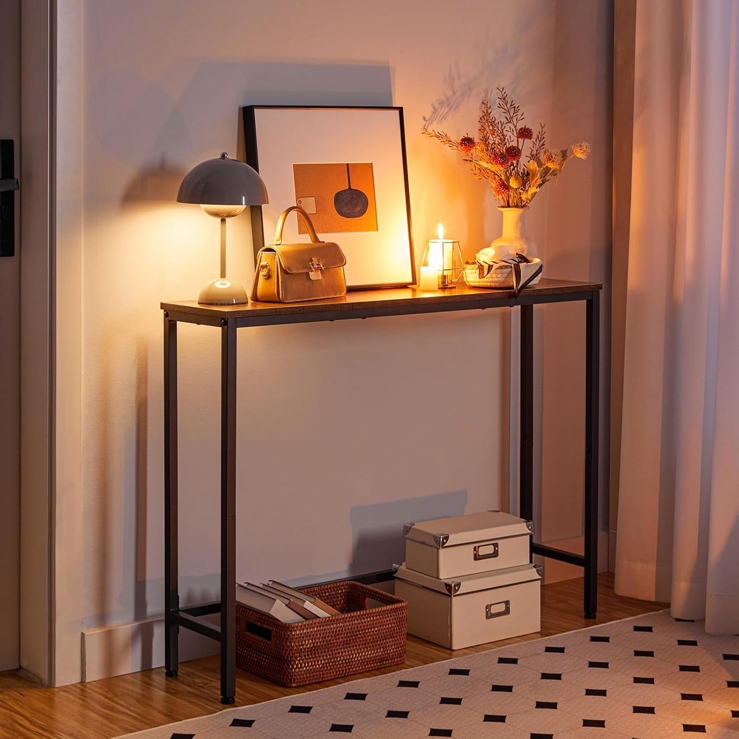 Slim Narrow Console Table 100cm Hallway Table with Rustic Storage
