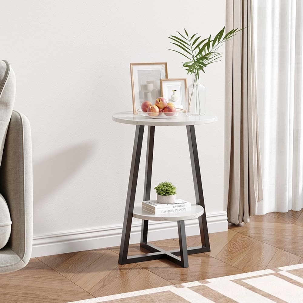 Small Round Coffee Table with 2 Storage Shelves – Slim, Sturdy & Modern