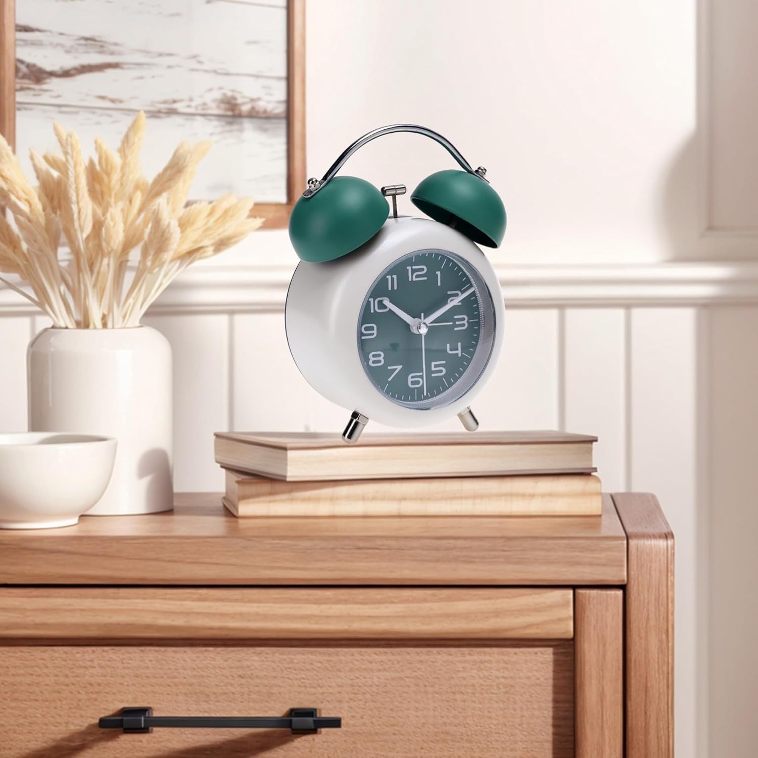 Loud Twin Bell Alarm Clock Night Light Metal Retro for Heavy Sleepers Green