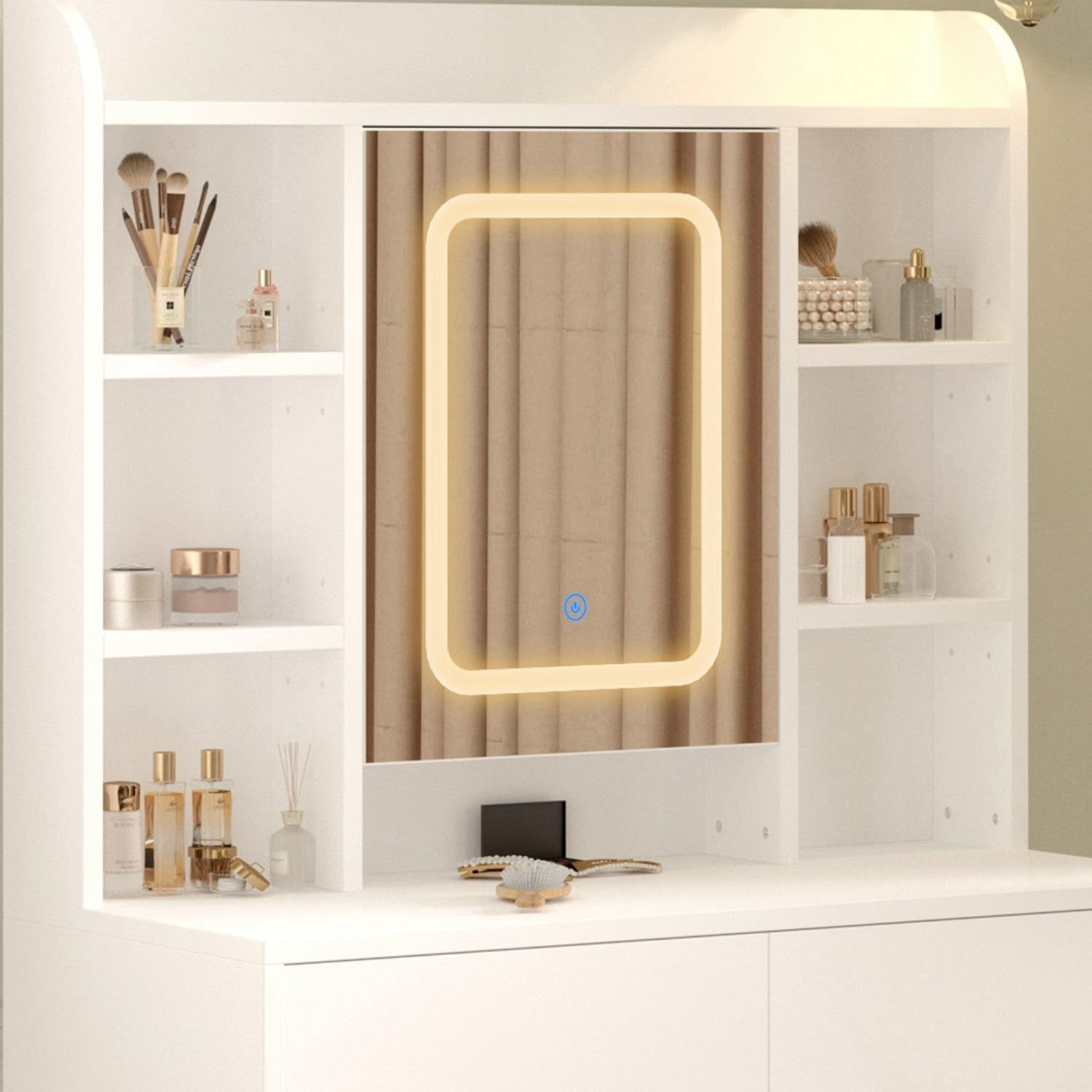 Modern White Dressing Table Vanity Set LED Mirror Adjustable Shelves Wood