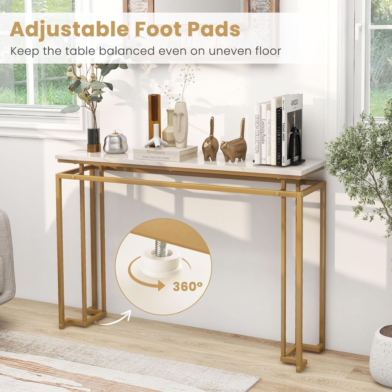 Slim Faux Marble Console Table, Modern Gold Frame, 120cm Entryway Accent