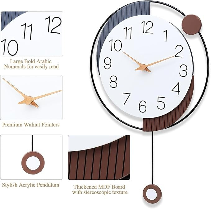 Modern 20×13in Silent Pendulum Wall Clock Brown Metal Art Decor for Home