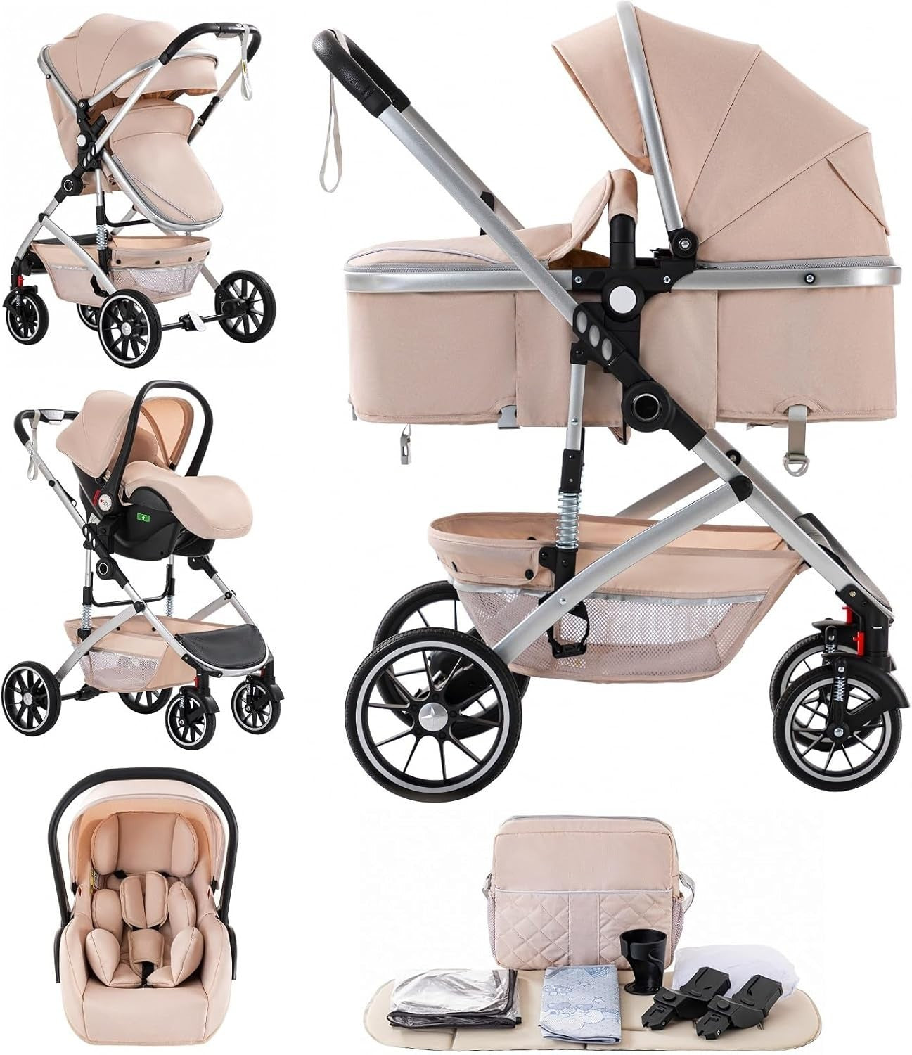 3 in 1 High Landscape Travel System Pram Pushchair Car Seat 22kg Beige