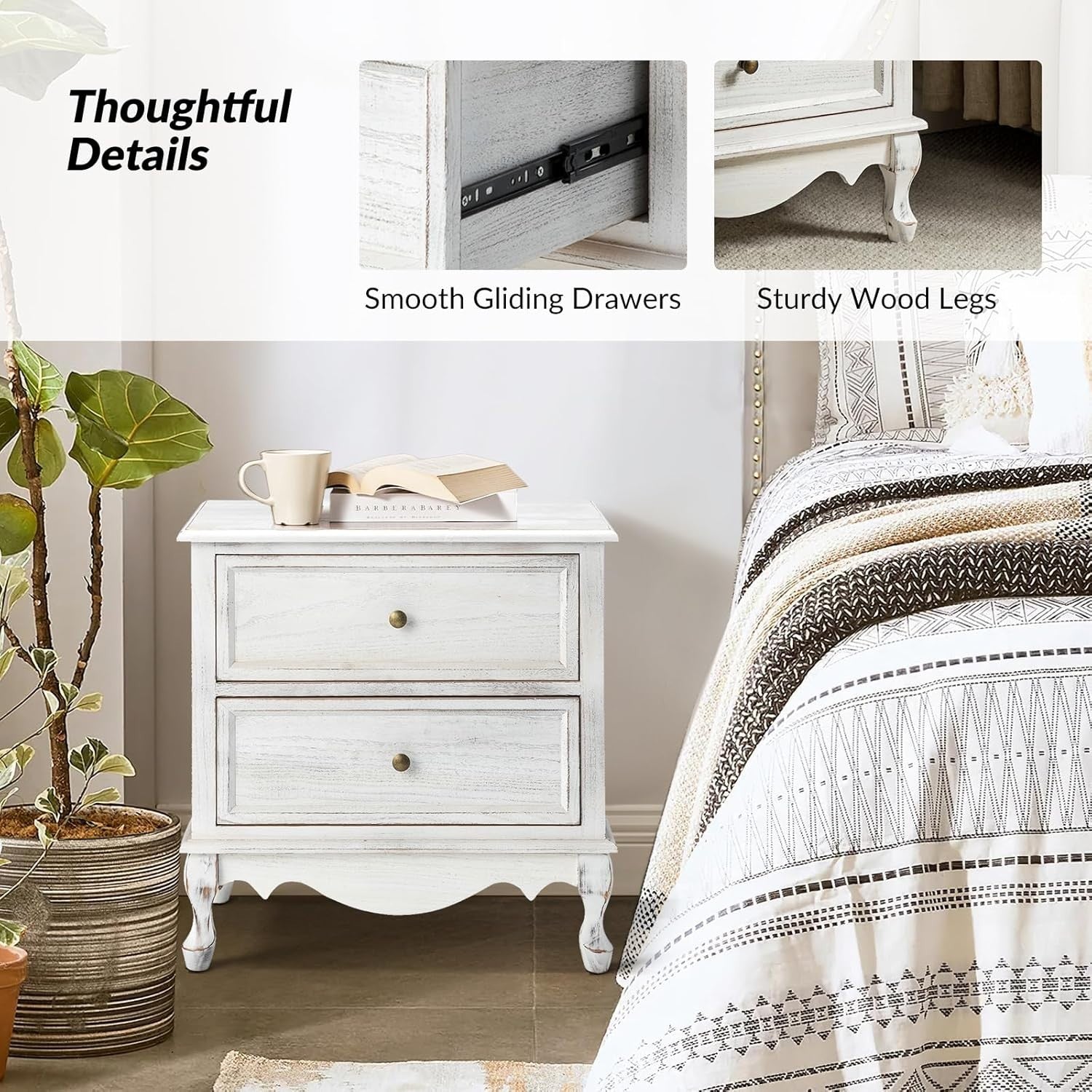 White Wooden Bedside Table with Drawers – Compact French Country Nightstand