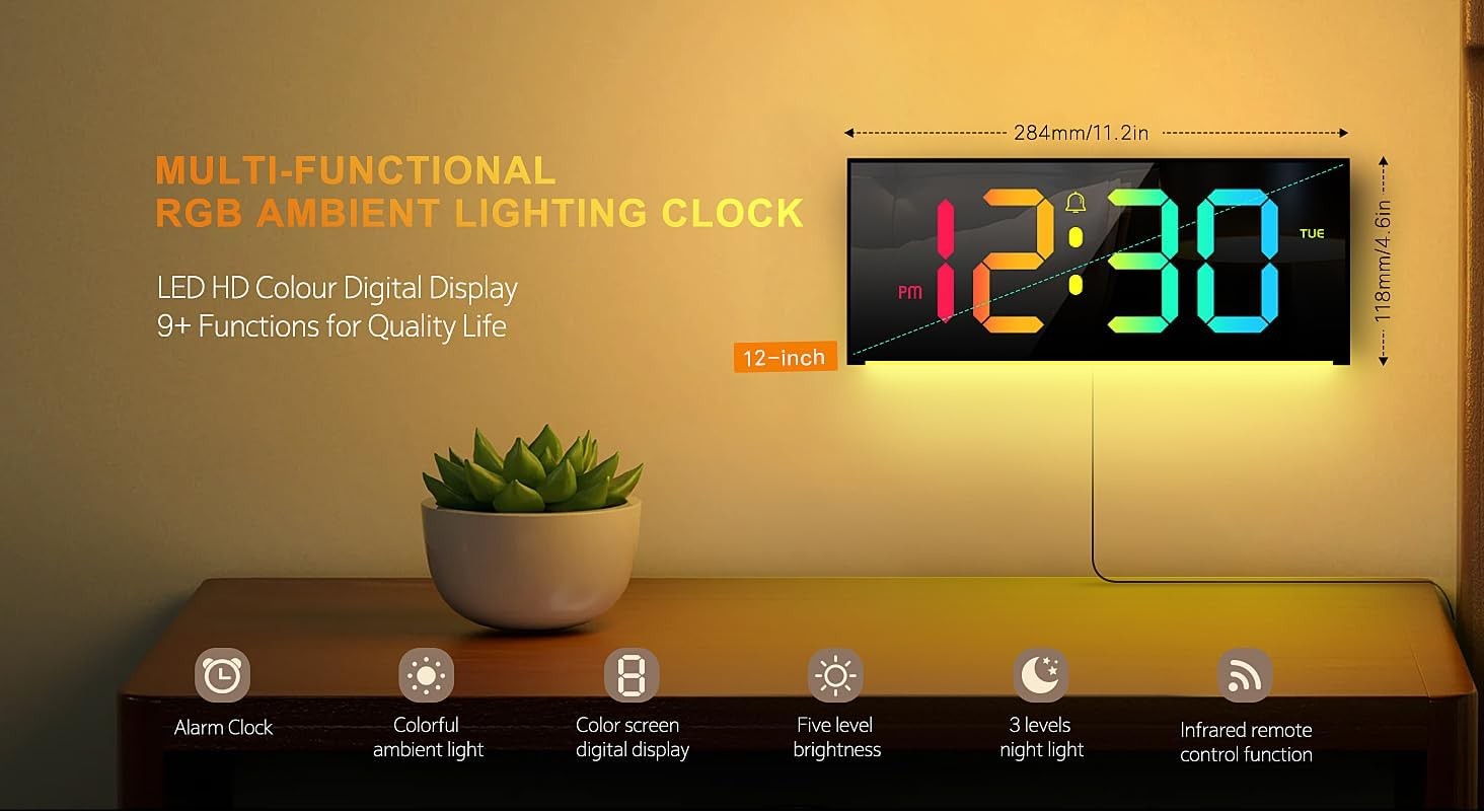 Large LED Digital Alarm Clock Remote Control Auto Dimming Ambient Light