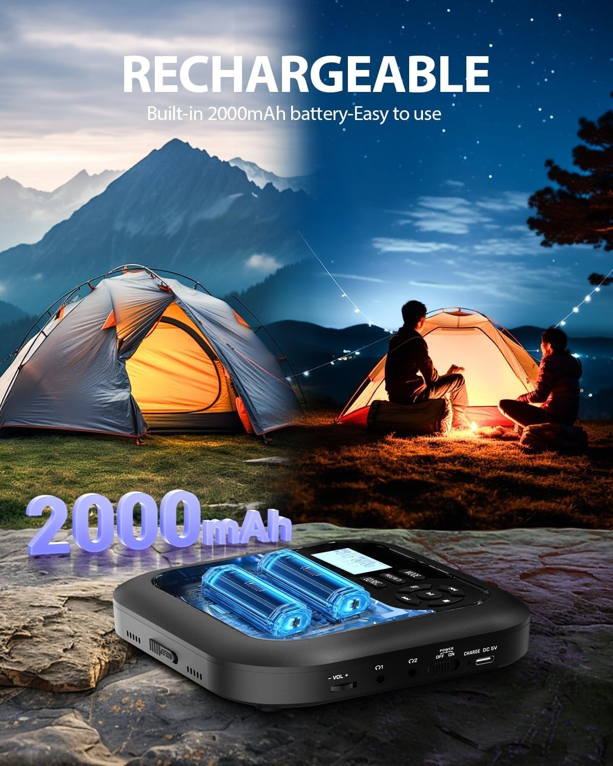 Portable CD Player Bluetooth FM Car Radio TF Card AUX Rechargeable