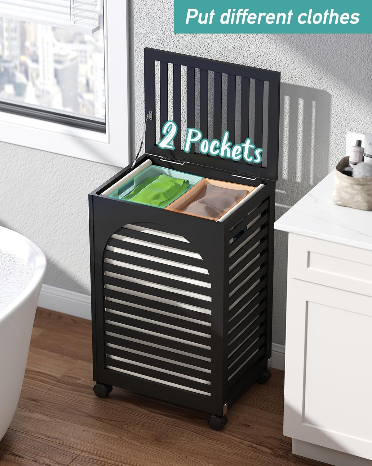 85L Black Bamboo Laundry Hamper on Wheels 2 Section Basket with Lid & Liner