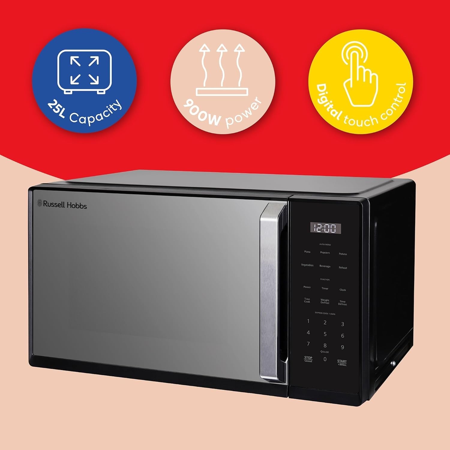 25L Digital Microwave 900W 10 Power Levels Touch Control Black