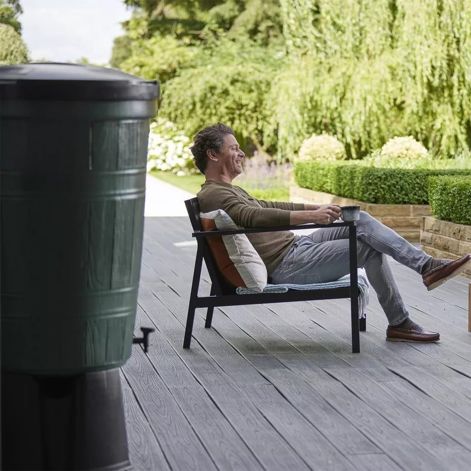 200L Garden Water Butt Wood Effect Barrel With Stand & Diverter Kit Green