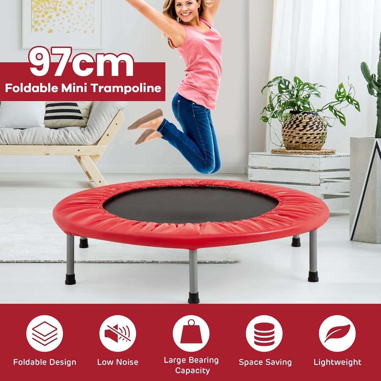 38'' Mini Trampoline Foldable Fitness Rebounder Indoor Outdoor Red