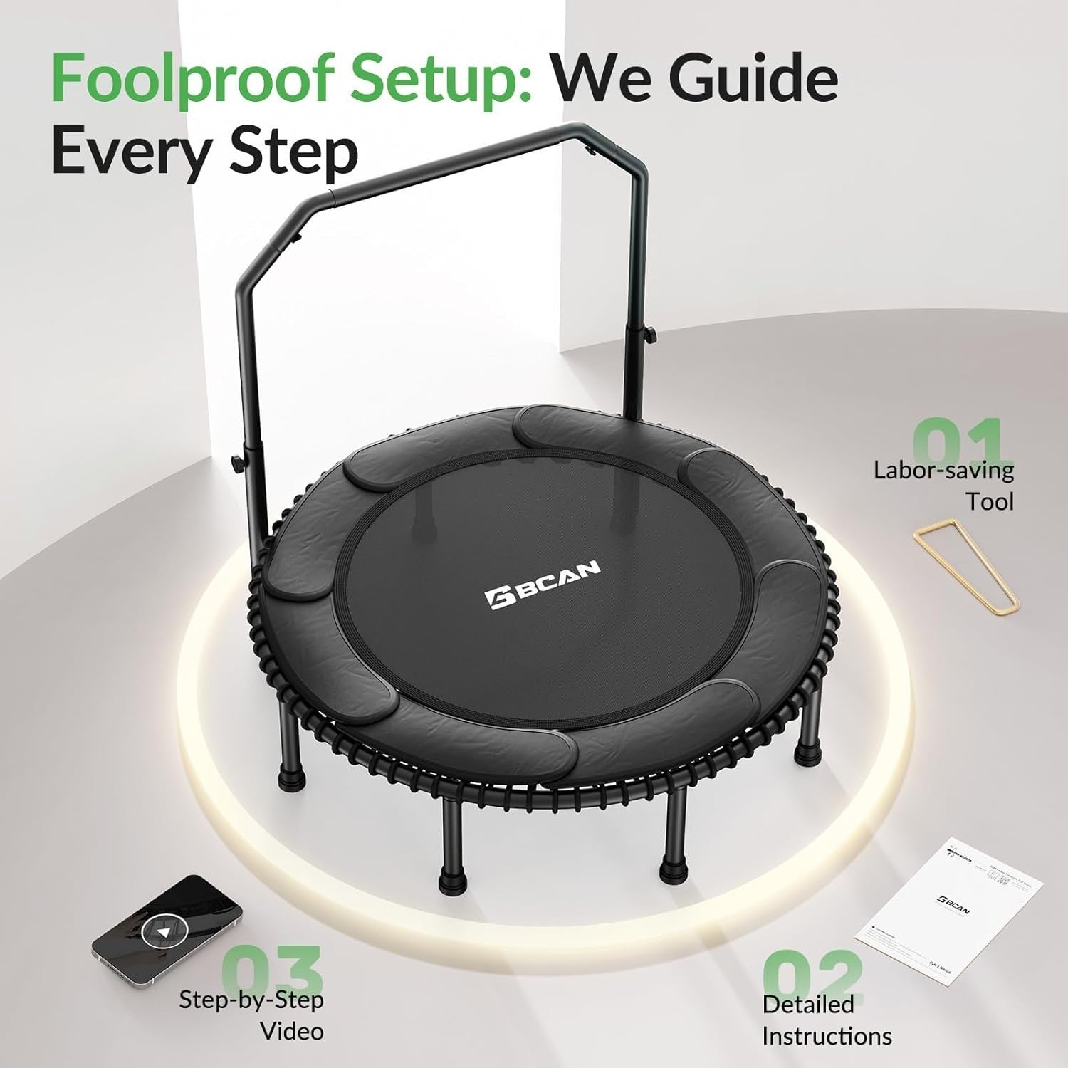 48in Fitness Rebounder Trampoline Adjustable Handle 550lb Silent Bungee