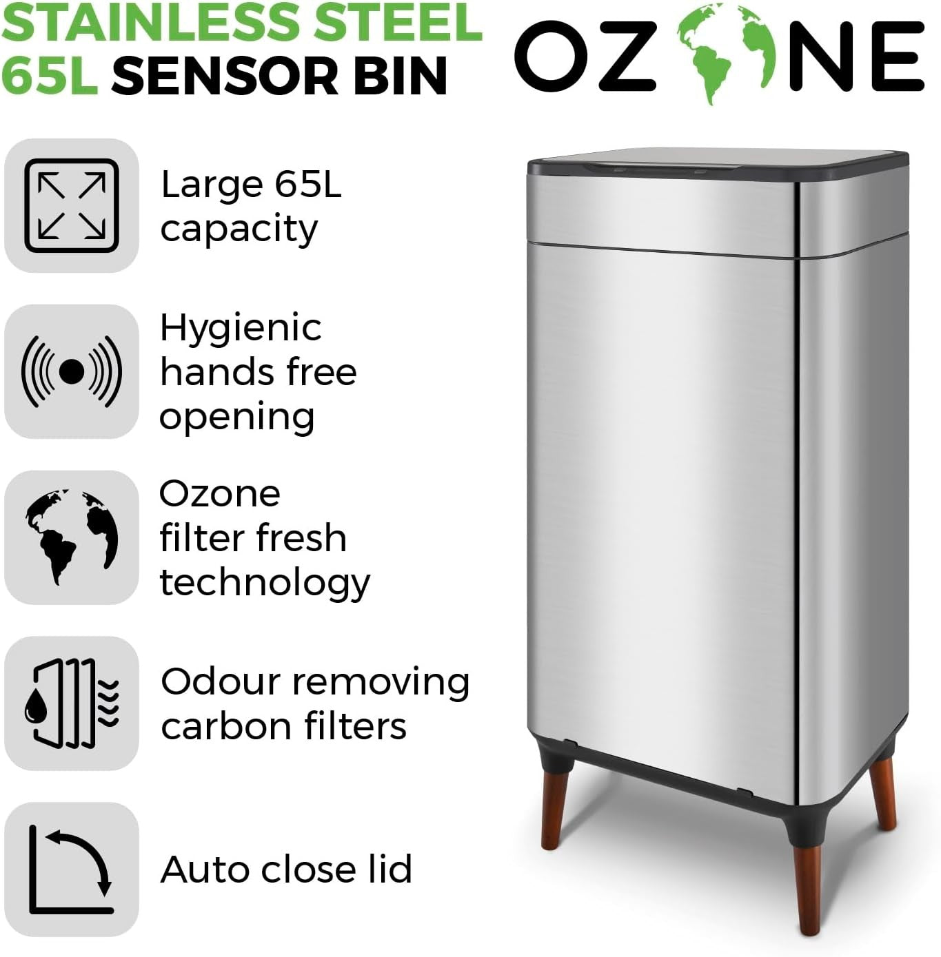 65L Touchless Kitchen Bin | Automatic Sensor Trash Can Stainless Steel