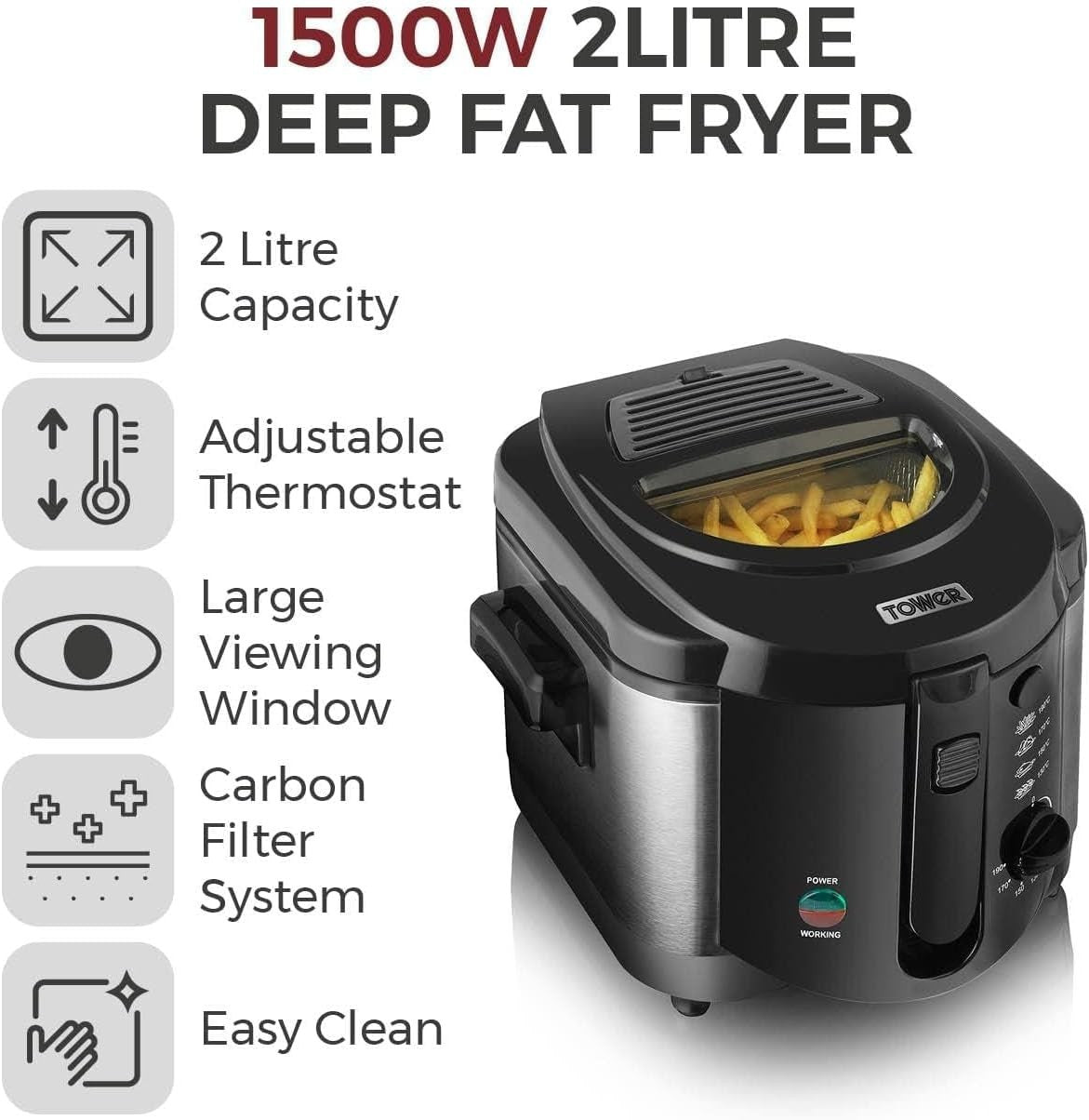 2L Deep Fat Fryer 1500W Adjustable Thermostat Large Viewing Window
