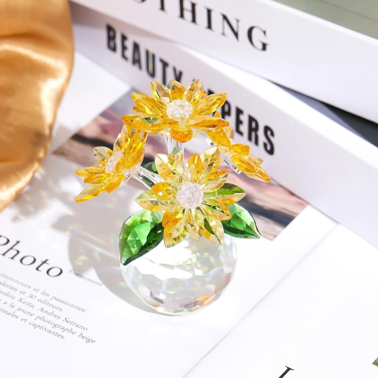 Yellow Crystal Daisy Bouquet Ornament 10cm Glass Flower Collectible Gift Decor