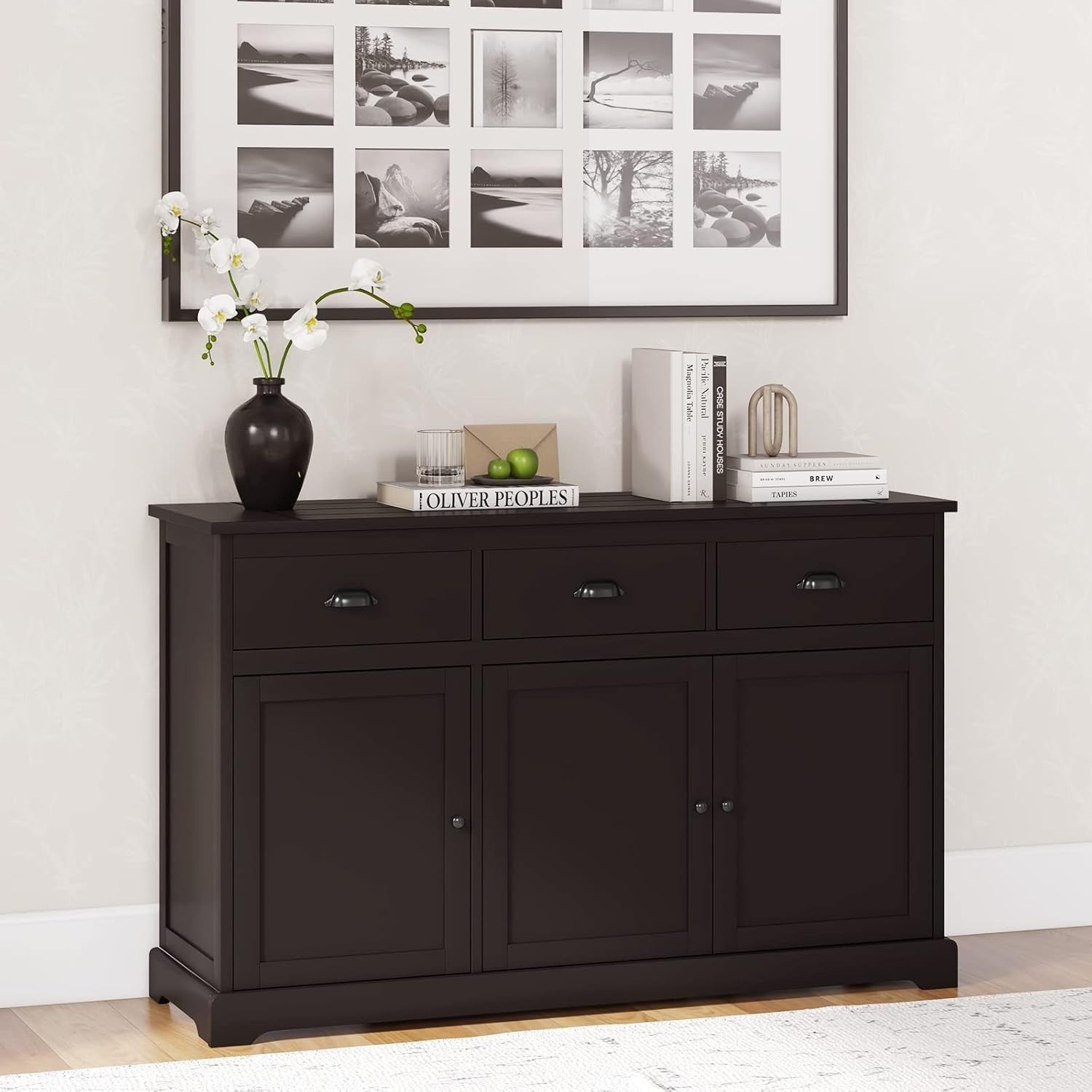 Dark Brown Sideboard Storage Cabinet with Drawers & Adjustable Shelf