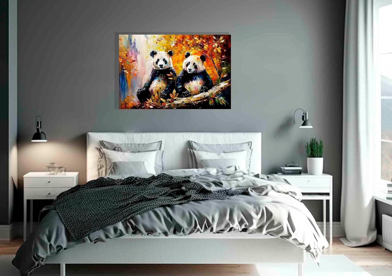 Pandas in Autumn Forest Framed Canvas Wall Art 20×14 in Wildlife