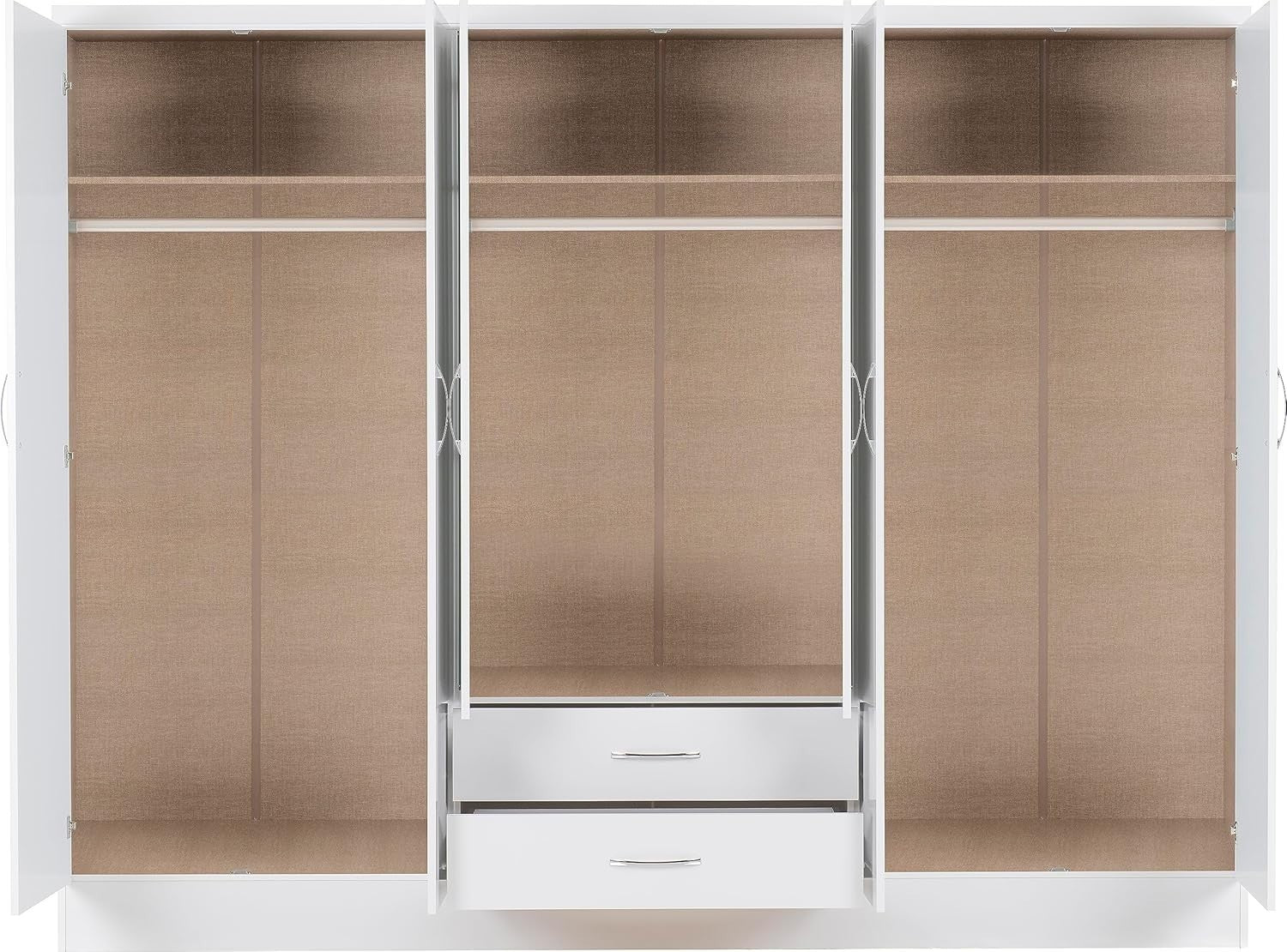 6 Door White Gloss Wardrobe with 2 Drawers & Mirrors – Modern Bedroom Storage
