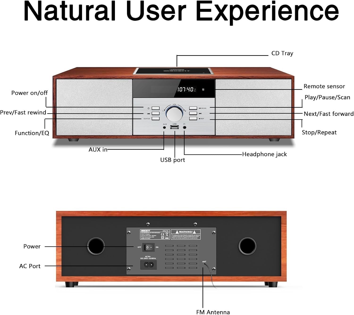 Compact Bluetooth CD Stereo System 30W Wooden HiFi USB AUX FM Radio Remote