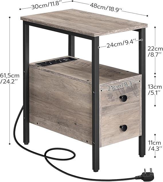 Slim Bedside Table with Charging Station, 2 Drawers, USB Ports, Modern Narrow
