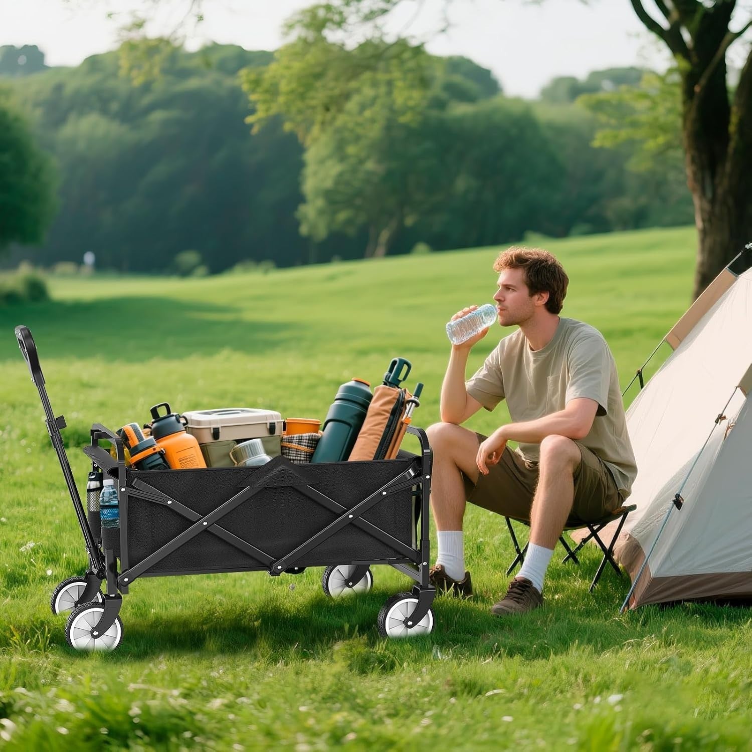 Black Heavy Duty Folding Wagon 100L All-Terrain Garden Camping Beach Trolley