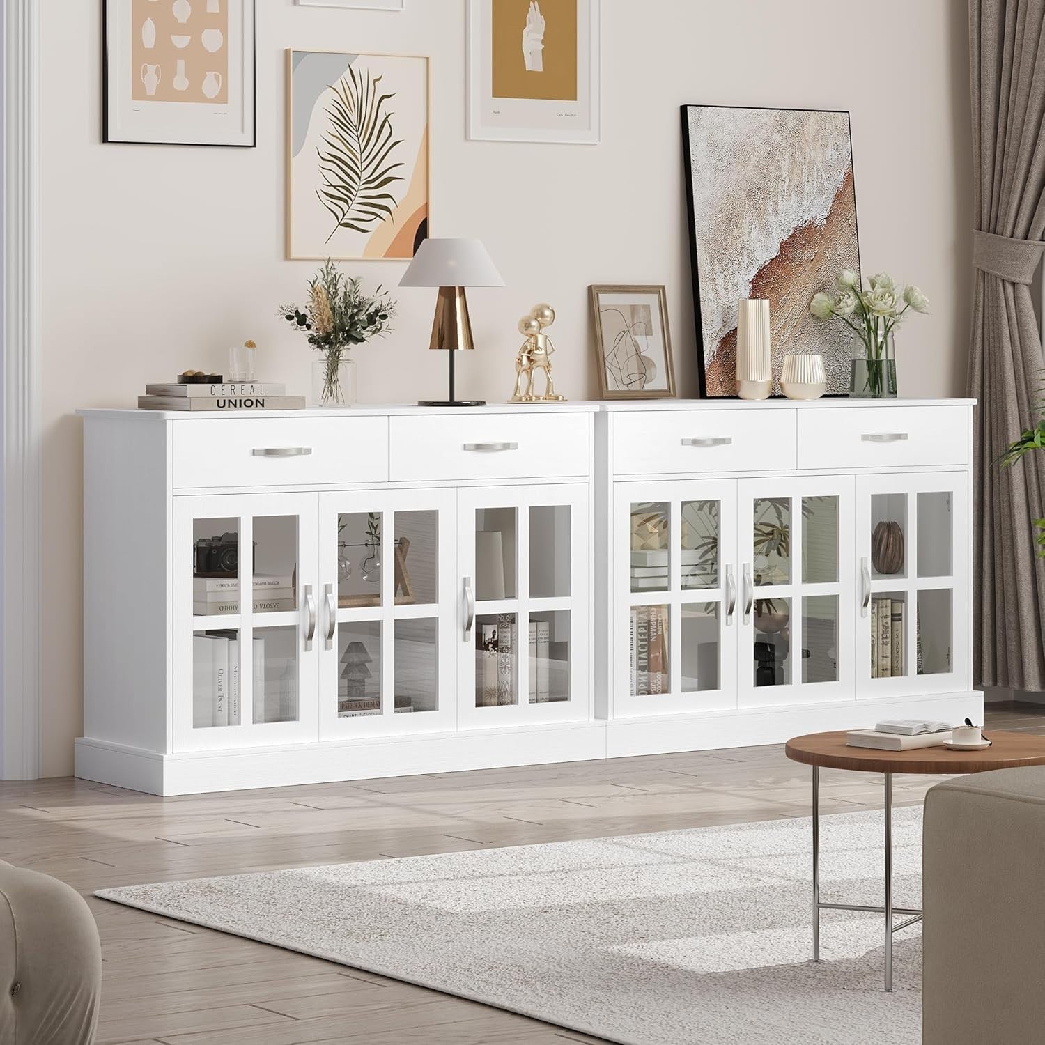White Sideboard Cabinet Glass Doors Storage Unit with Drawers Shelves