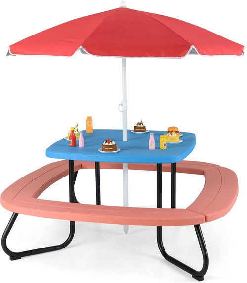 Kids Outdoor Picnic Table Set with Adjustable Umbrella, Seats 8, Red+Blue