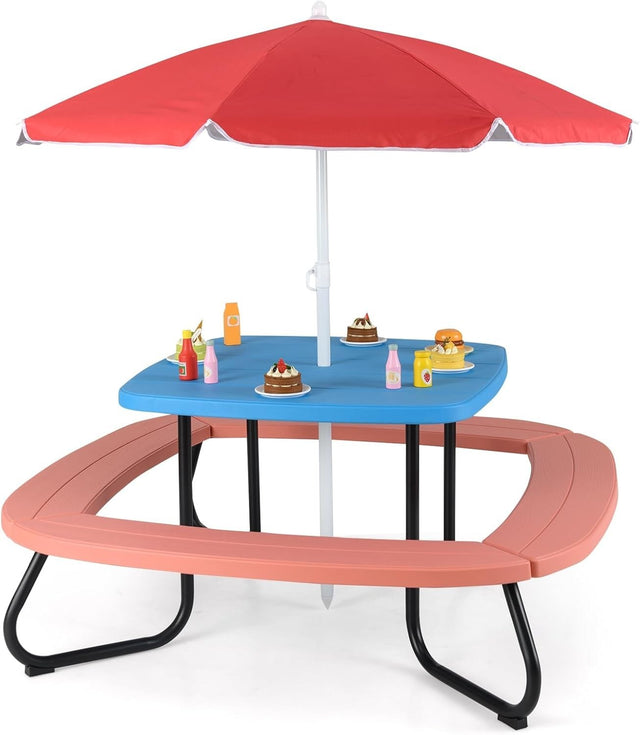 Kids Outdoor Picnic Table Set with Adjustable Umbrella, Seats 8, Red+Blue