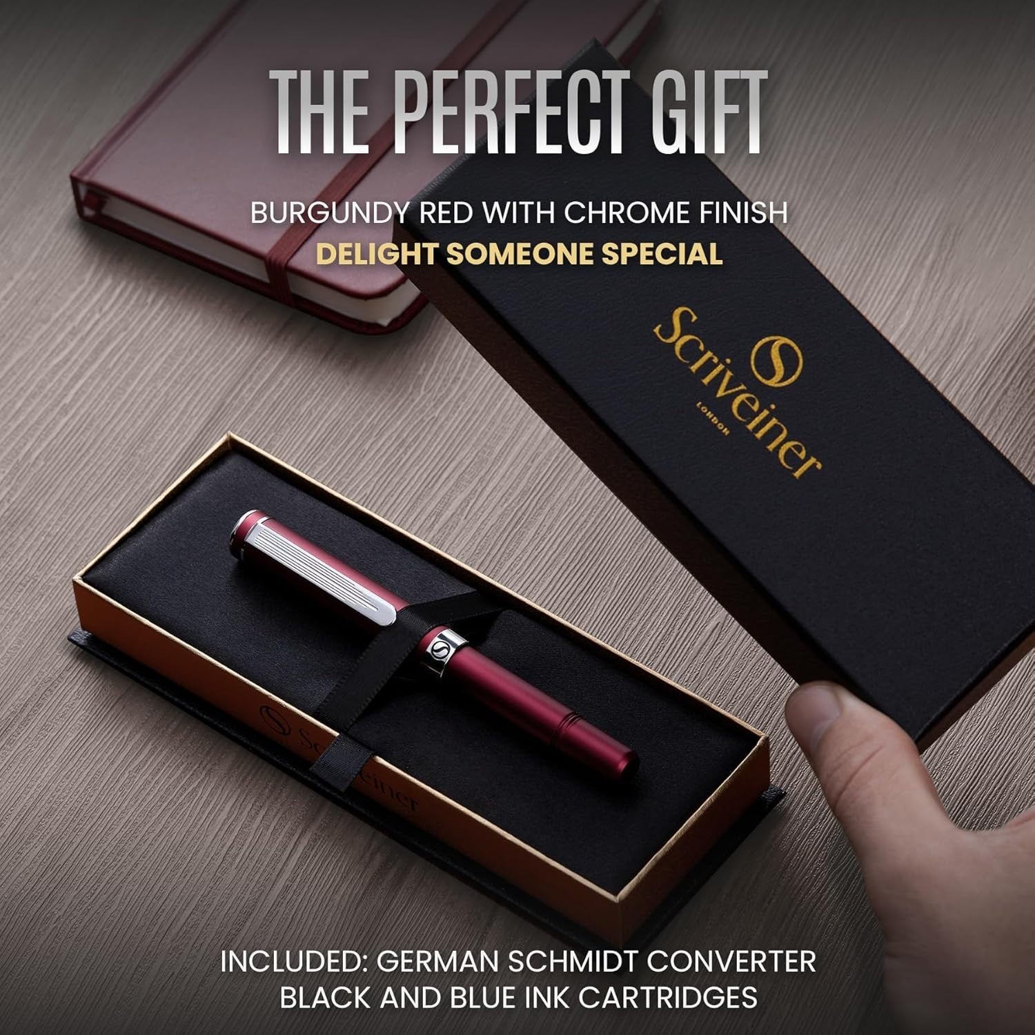 Luxury Fountain Pen Fine Nib Matt Red Chrome Gift Box Set