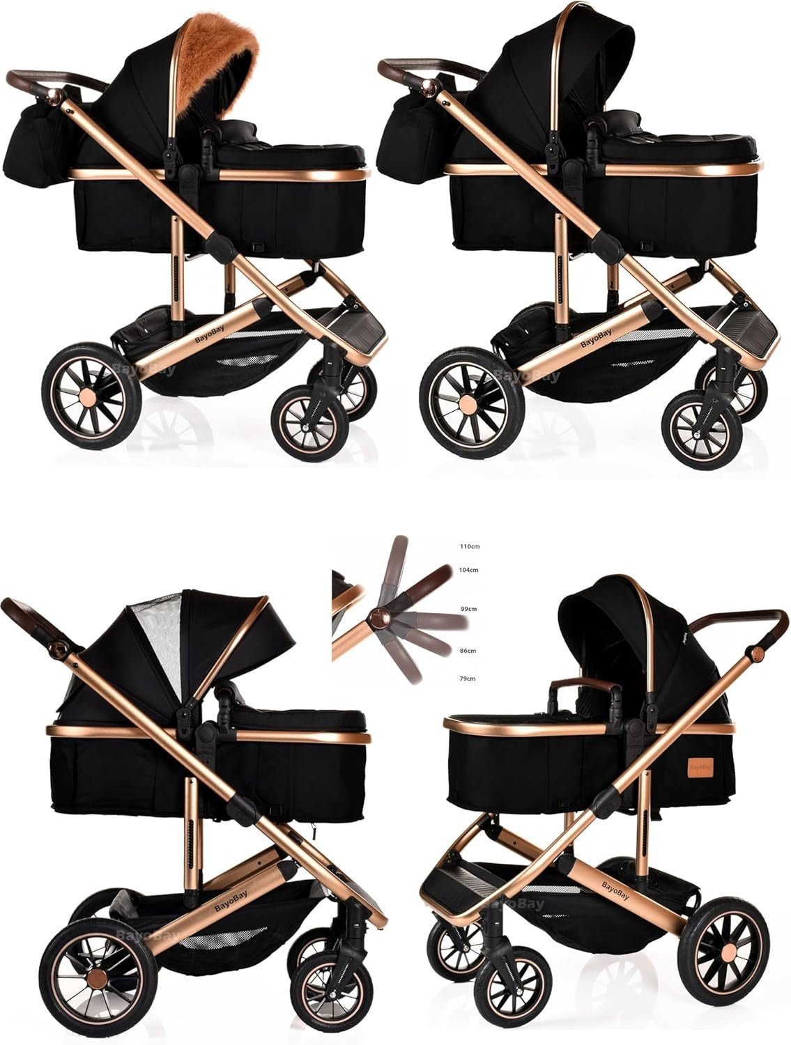 Luxury 3 in 1 Baby Pram Pushchair Car Seat Travel System 22kg Black Gold