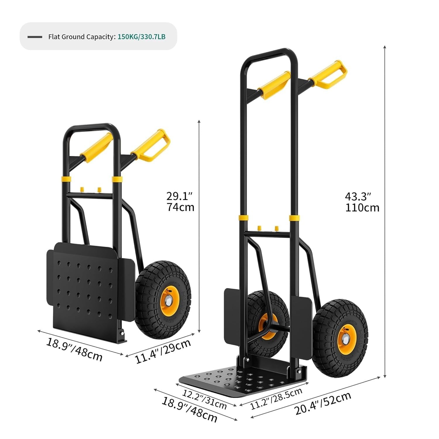 Foldable Heavy Duty Hand Truck 150kg Capacity w/ Large 25cm Rubber Wheels